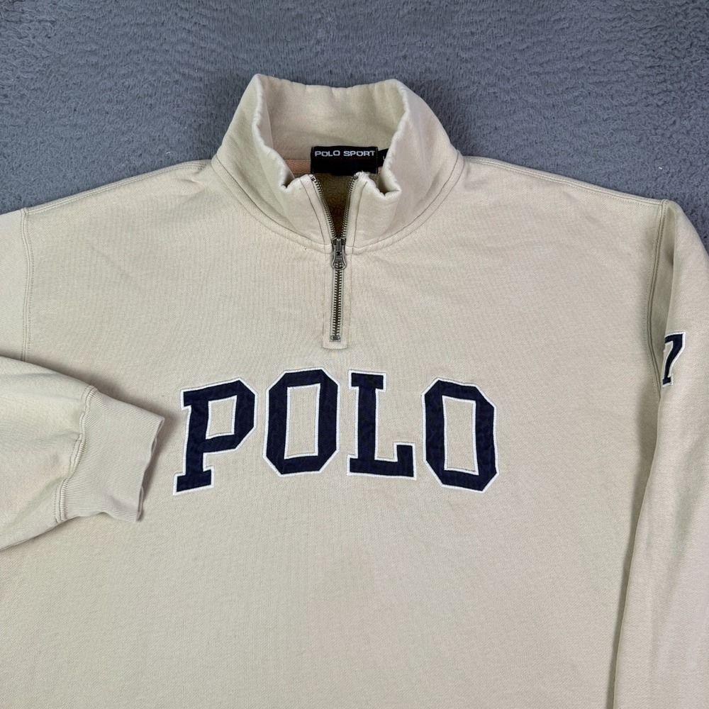 Polo Sport Ralph Sweatshirt Mens L Beige Embroidered Spell Out 1/4 Zip Pullover
